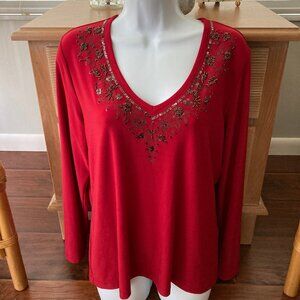 TanJay Red Beaded V Neck Long Sleeve Blouse Medium